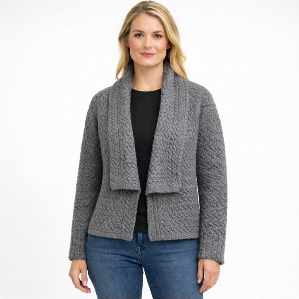 Irelands Eye Aran Gray Open Front Cardigan Sweater Large Wool Fisherman Cozy